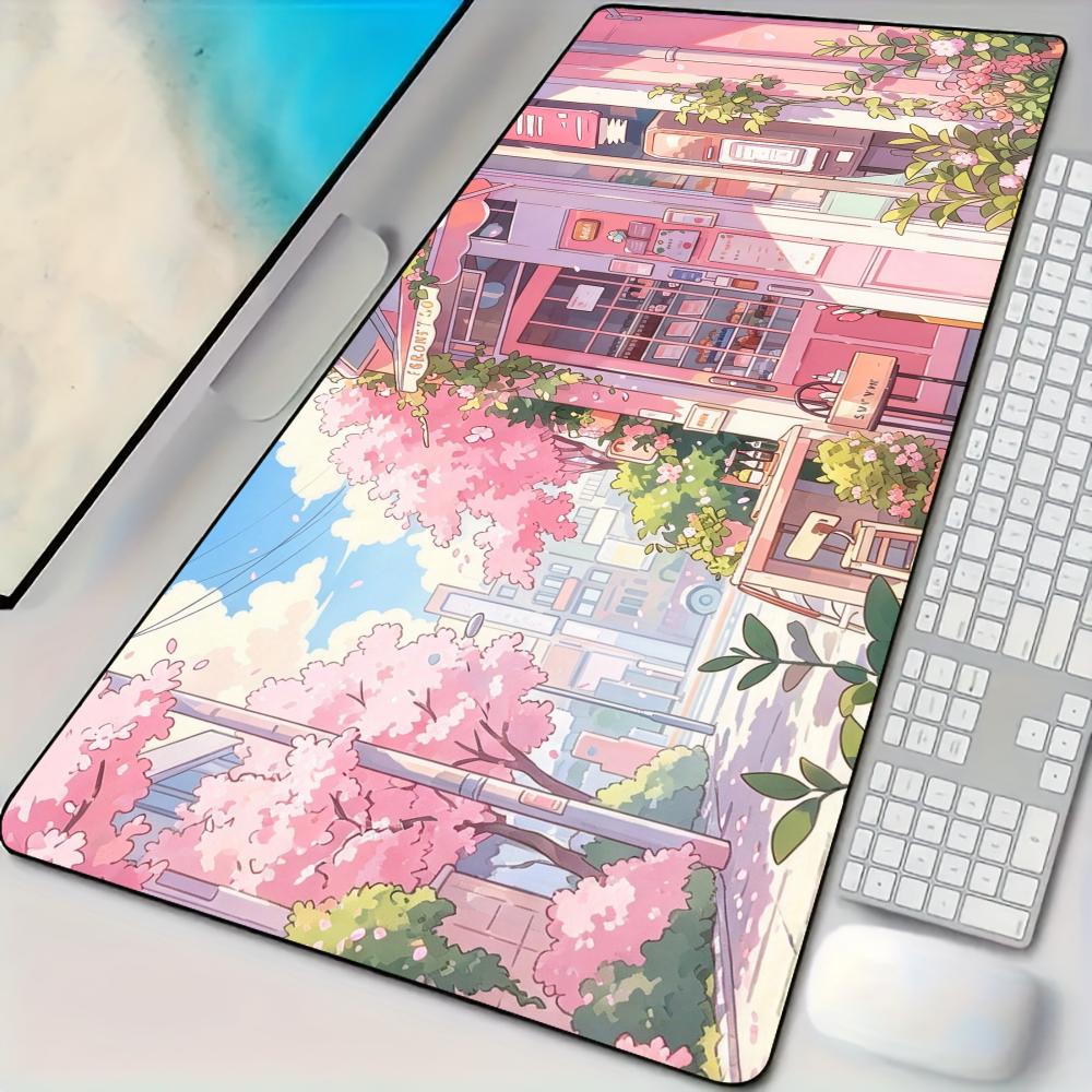 Gaming Accessories Shop - แผ่นรองเมาส์ลายร้านค้าหน้าถนนสีชมพู แผ่นรองโต๊ะคอมพิวเตอร์ขนาดใหญ่ พรมสำนักงาน XXL แผ่นรองเมาส์สำหรับเกมเมอร์ อุปกรณ์เสริมคอมพิวเตอร์สำหรับเล่นเกม